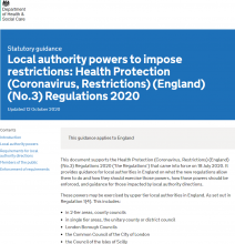 Local authority powers to impose restrictions: Health Protection (Coronavirus, Restrictions) (England) (No.3) Regulations 2020